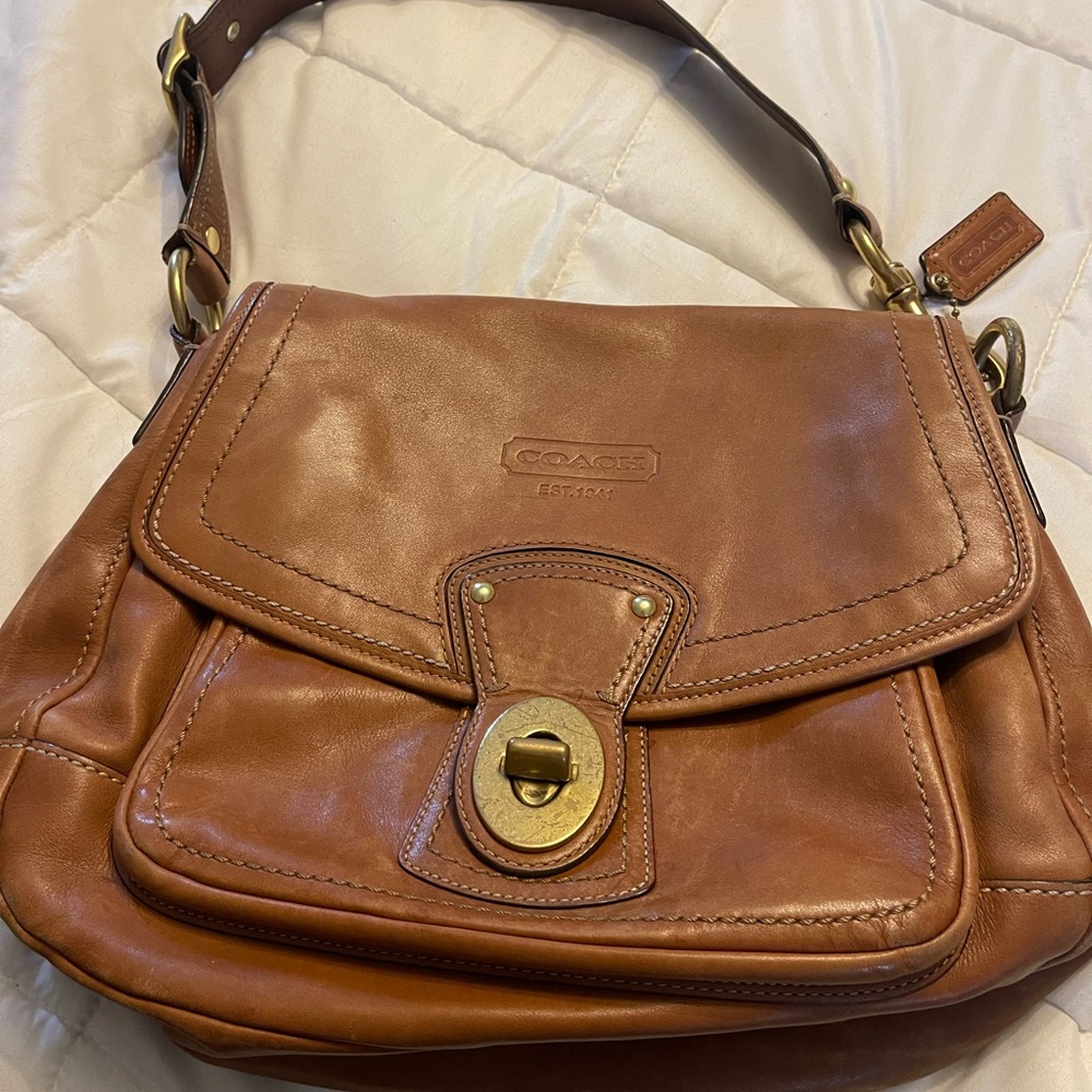 Coach Tan Leather Shoulder Bag with Gold Accents